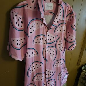 Duvin Pink Watermelon Print Casual Button-Down Shirt